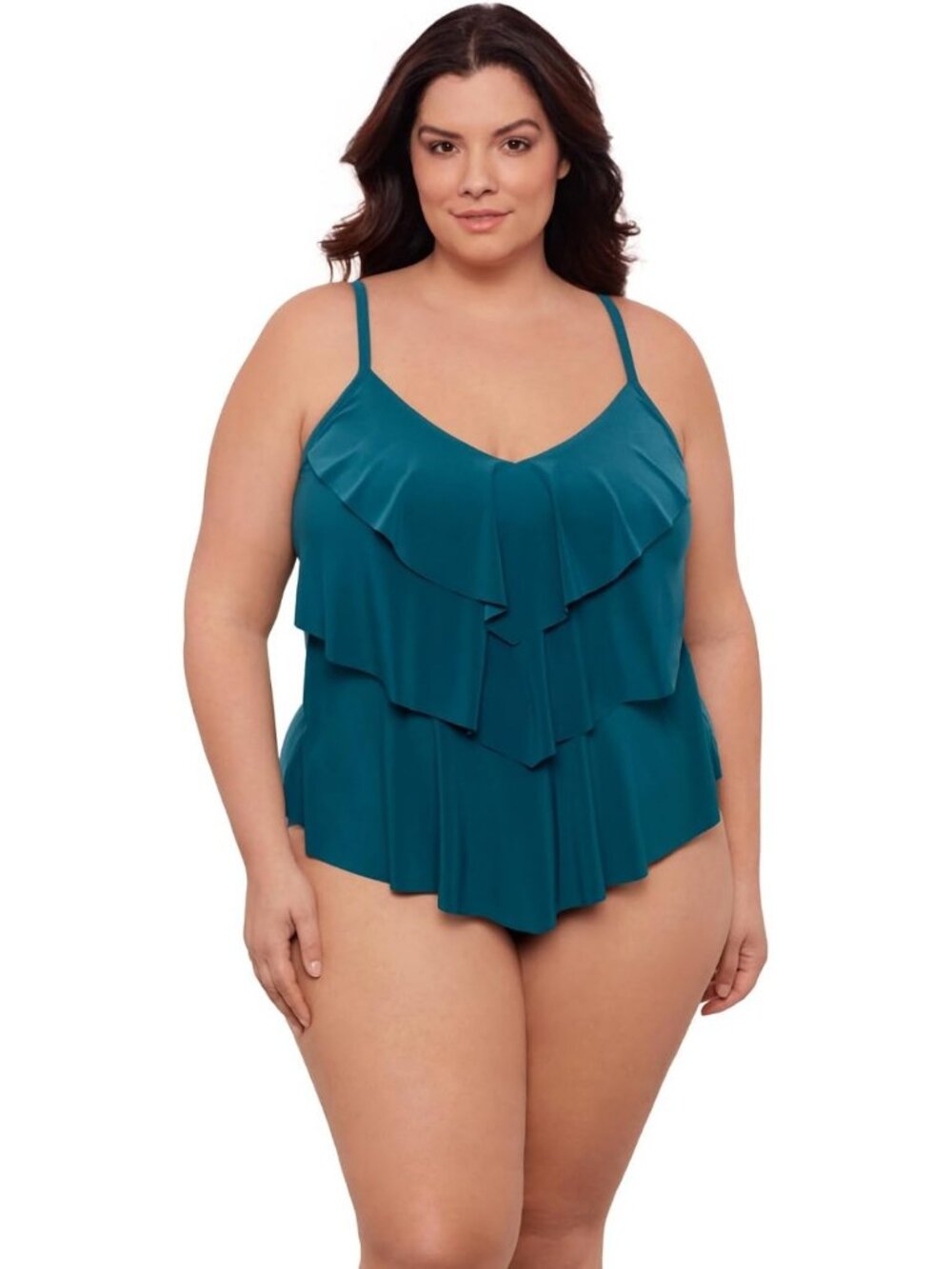 Aqua Green Women's Ruffle Tiered Swim Tankini Top with Adjustable Straps